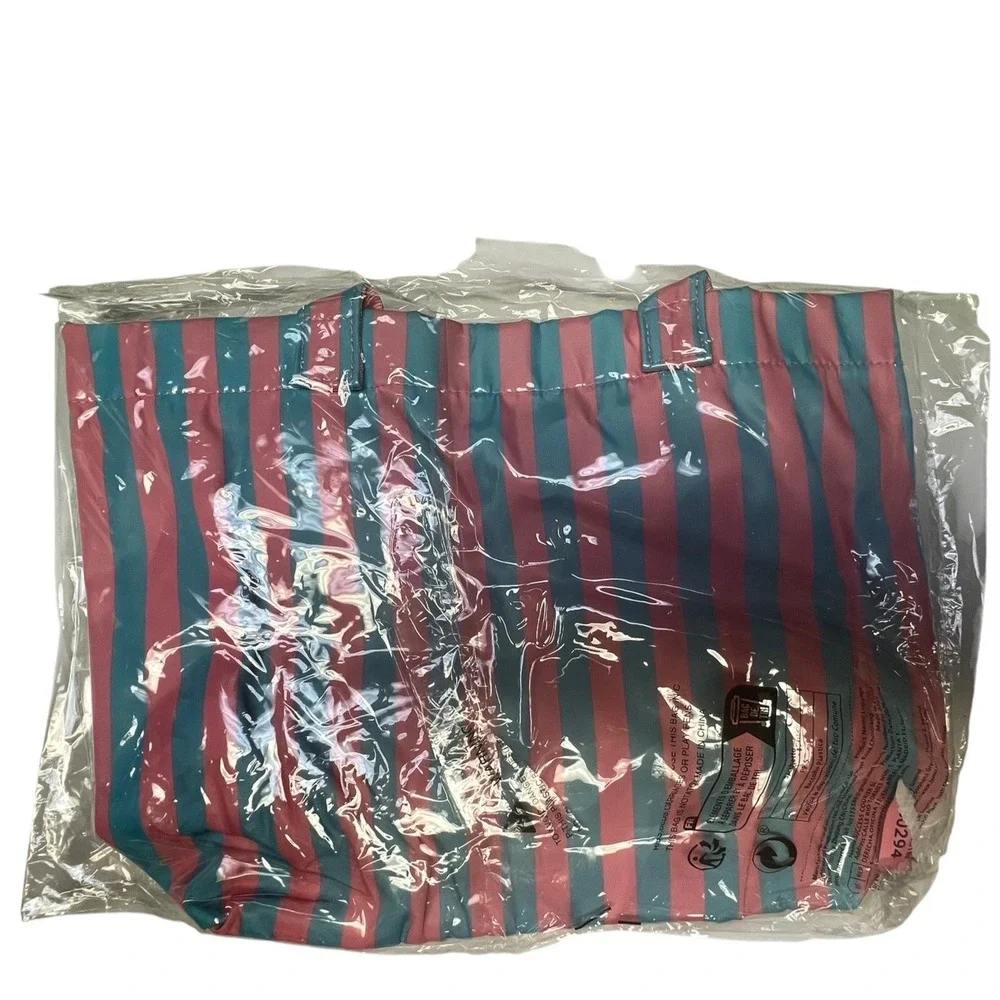 Tote Bag Large Pink Blue Striped PVC Waterproof Beach Shopping Errand New